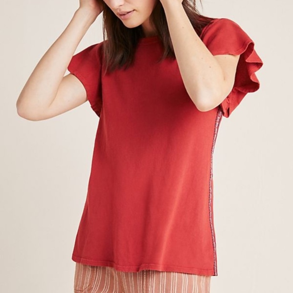 Anthropologie Dolan Left Coast Melinda Embroidered Flutter Sleeve Tee EU…